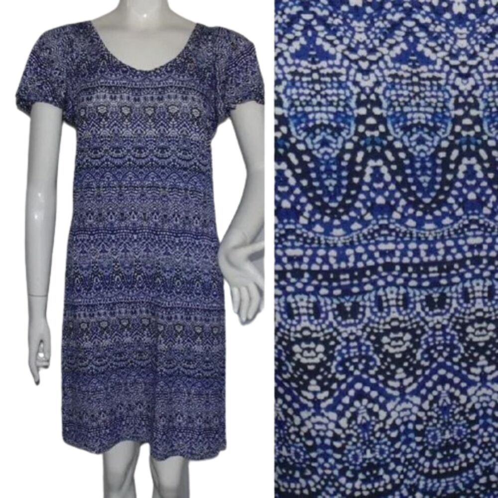 TOMMY BAHAMA Dress, M, Blue, Flutter sleeves, Jersey, Busy print, Rayon-spandex